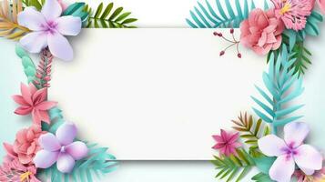 Floral border frame card template. multicolor flowers, leaves, for banner, wedding card. Springtime composition with copy-space, Generative AI illustration photo