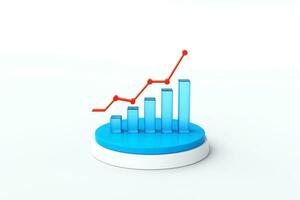 3d blue glass graph with red point chart icon on white podium, Trade arrow. Exchange price chart. Growth and changes in value. Exchange trading. Reporting annual and quarterly profits, 3d rendering photo