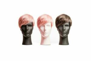 Hair wig over the plastic mannequin head isolated over the white background, mockup featuring contemporary men's hairstyles, Generative AI illustration photo