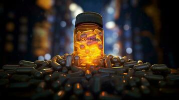 Vitamin capsules. Cod liver oil omega 3 gel capsules. Vitamins, dietary supplements, drugs, Pharmacy, medicine and health concept. capsule pharmacy pill drug concept, Generative AI illustration photo