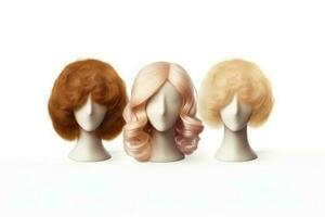 Hair wig over the plastic mannequin head isolated over the white background, mockup featuring contemporary women's hairstyles, Generative AI illustration photo