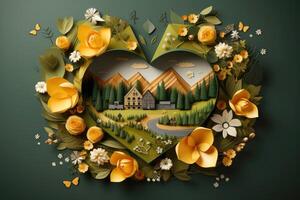 Ecosystem restoration, environment day concept tree background. Recycle icon paper cut banner with forest. Ecology project concept, illustration photo