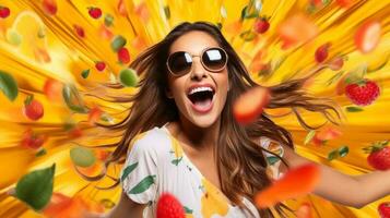 Young happy satisfied excited fun surprised amazed, People lifestyle concept, with blurred background, Generative AI illustration photo