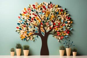 Ecosystem restoration, environment day concept tree background. Recycle icon paper cut banner with forest. Ecology project concept, illustration photo