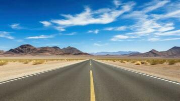 ilustración imagen de paisaje con país camino, vacío asfalto la carretera en azul nublado cielo antecedentes. multicolor vibrante al aire libre horizontal imagen, generativo ai ilustración foto