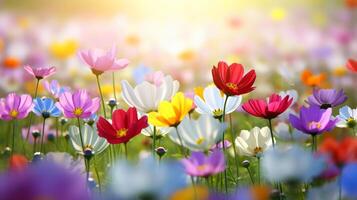 Nature floral background in early summer. Colorful natural spring landscape with with flowers, soft selective focus, illustration photo