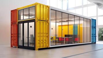 Mobile office buildings or container site office for construction site. Shipping container. Portable house and office cabins, illustration photo