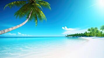 Illustration image, beach scene with crystal-clear turquoise waters, powdery white sand, palm leaves, sparkling waves and blue sunny sky, with copy space, illustration photo