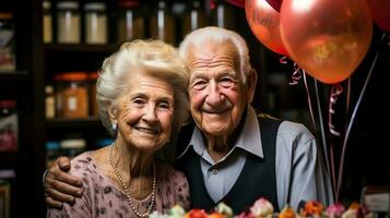 Dreamy middle aged senior loving retired family couple, enjoying peaceful moment relaxing together, with blurred background, Generative AI illustration photo