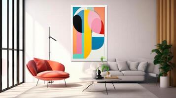 Stylish living room interior design with mock up poster frame, creative home accessories. Home staging. Copy space, illustration photo