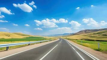 Illustration image of landscape with country road, empty asphalt road on blue cloudy sky background. Multicolor vibrant outdoors horizontal image, Generative AI illustration photo