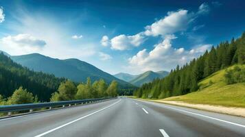 ilustración imagen de paisaje con país camino, vacío asfalto la carretera en azul nublado cielo antecedentes. multicolor vibrante al aire libre horizontal imagen, generativo ai ilustración foto