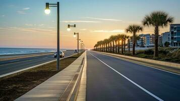 Illustration image of empty asphalt road beside the sea background, highway beside the sea, outdoors horizontal image, Generative AI illustration photo