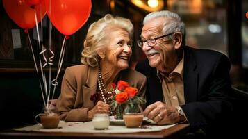 Dreamy middle aged senior loving retired family couple, enjoying peaceful moment relaxing together, with blurred background, Generative AI illustration photo