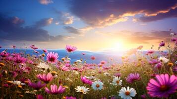 Nature floral background in early summer. Colorful natural spring landscape with with flowers, soft selective focus, illustration photo