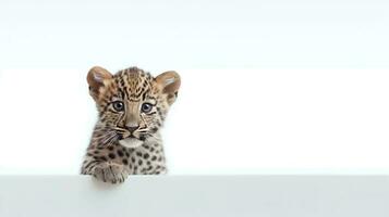 foto de un leopardo en blanco antecedentes. generativo ai