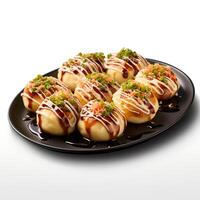 Food photography of takoyaki on plate isolated on white background. photo