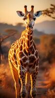 Close up photo of giraffe on savanna at sunset. Generative AI