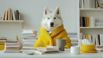 un siberiano fornido perro se sienta estudiando acompañado por un taza y pila de algo de libros foto