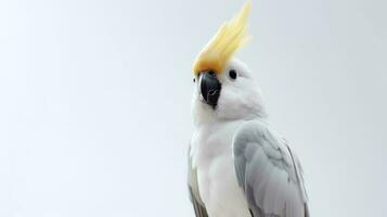 foto de un cacatúa pájaro en blanco antecedentes. generativo ai