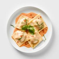 Food photography of Ravioli on plate isolated on white background. Generative AI photo