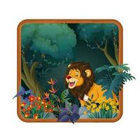 cute lion cartoon with tropical forest background frame vector