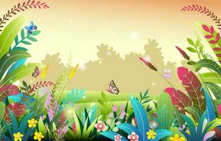 beautiful landscape scene with flowers and plant background vector