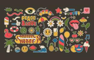 Collection of Cartoon Summer groovy stickers 70s with hippie style vector