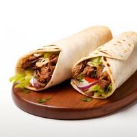 Food photography of Shawarma on wooden board isolated on white background. photo