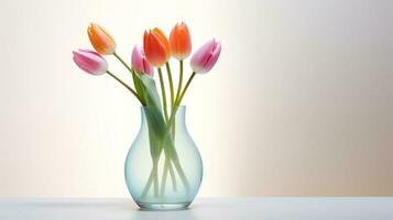 Photo of tulips in minimalist transparent vase as houseplant for home decoration on warm color background. Generative AI