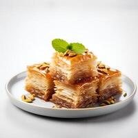 Photo of Baklava on plate isolated on white background. Created by Generative AI