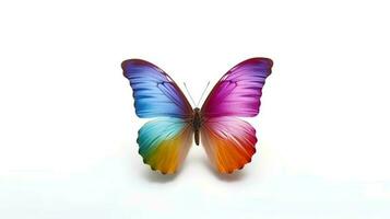 Photo of a rainbow butterfly on white background. Generative AI