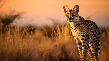 Photo of Serval on savanna at sunset. Generative AI