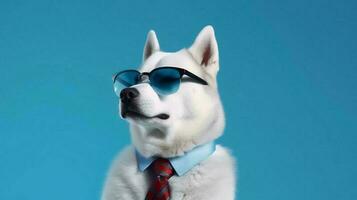 Photo of haughty siberian husky using glasses  and office suit on white background. Generative AI