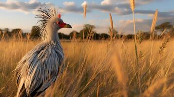 foto de secretario pájaro en sabana a puesta de sol. generativo ai