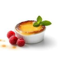 Photo of Creme Brulee with berries isolated on white background. Created by Generative AI