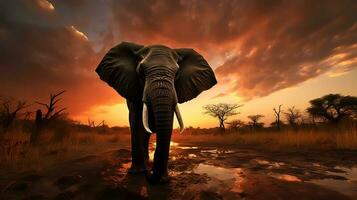 Photo of African Elephant on savanna at sunset. Generative AI