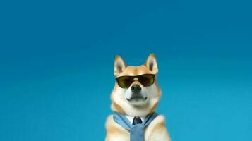 Photo of haughty shiba inu dog using glasses  and office suit on white background. Generative AI