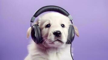 Photo of golden retriever using headphone  on purple background. Generative AI