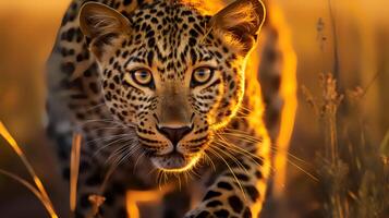 foto de leopardo en sabana a puesta de sol. generativo ai