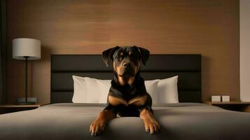 Rottweiler dog lying on bed in hotel with contemporary interior design. Generative AI photo