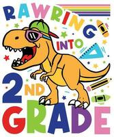 a cartoon dinosaur wearing sunglasses and a hat with the words, drawing into second grade vector