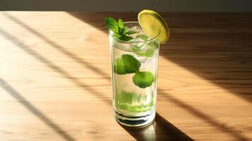 Food photography of mojito on wooden table. Generative AI photo