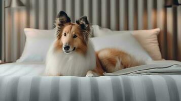 Rough collie dog lying on bed in hotel with contemporary interior design. Generative AI photo