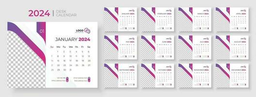 Desk calendar template 2024, Week Starts on sunday, Planner for 2024 year, template for annual calendar 2024 vector