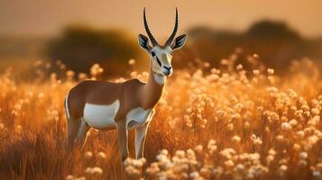 Photo of Springbok on savanna at sunset. Generative AI