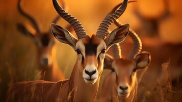 Photo of Antilope Topi on savanna at sunset.