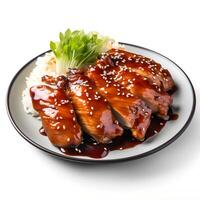 Food photography of Teriyaki Chicken on plate isolated on white background. Generative AI photo