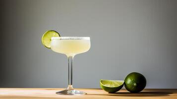 Food photography of margaritas with lemon wedges on wooden table isolated on dark background. photo