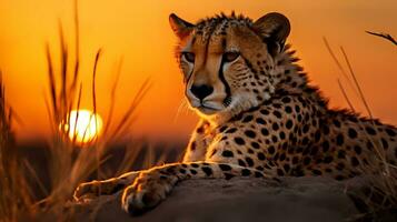 foto de leopardo en sabana a puesta de sol. generativo ai
